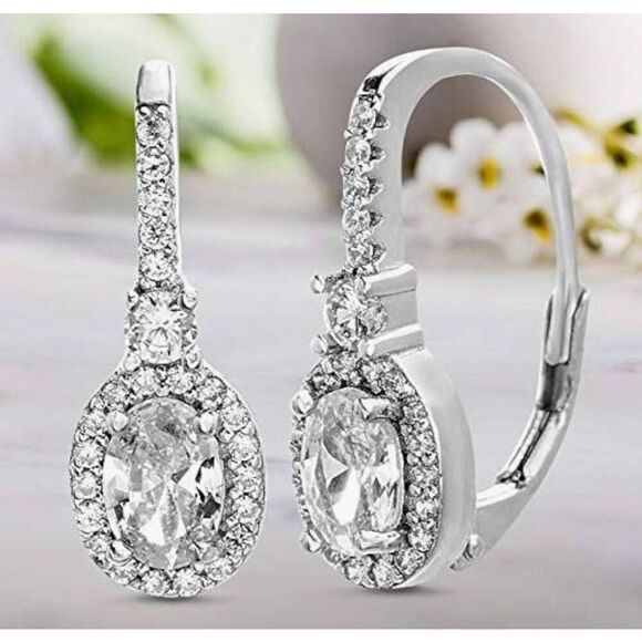 925SS Rhodium Plated Oval & Round Cut Halo Design Sim Diamond Leverback Earrings - Picture 1 of 3